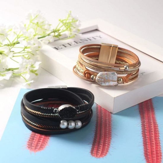 Womens Leather Wrap Bracelet Baroque Pearl Cuff Multi Layer Druzy Stone Wrap Gorgeous Gold Tube Bangle Handmade Wristbands Jewelry With Magnet Clasp Womens Leather Wrap Bracelet Baroque Pearl Cuff Multi Layer Druzy Stone Wrap Gorgeous Gold Tube Bangle Handmade Wristbands Jewelry With Magnet Clasp